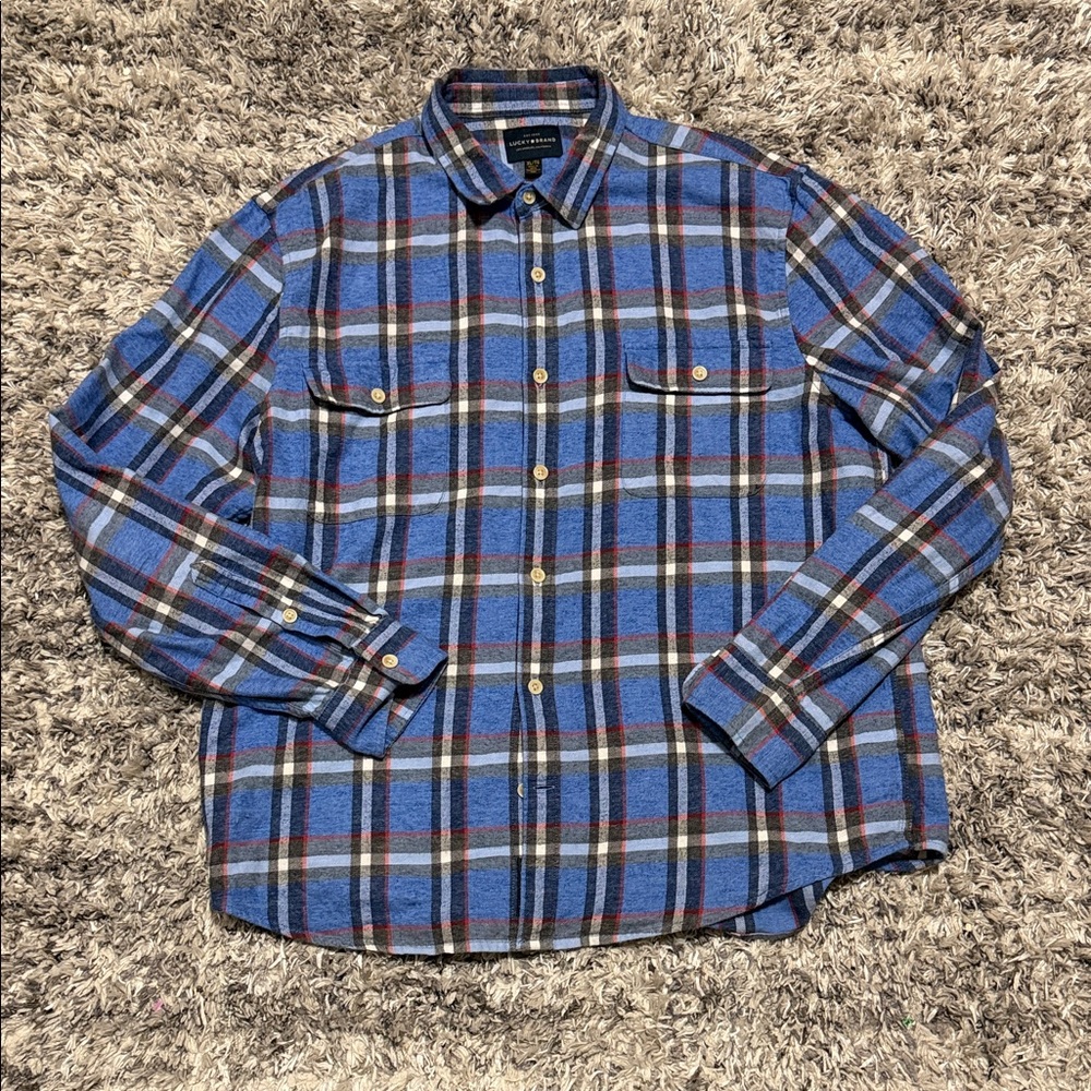 Lucky Brand Blue and Gray Plaid Button Down Shirt